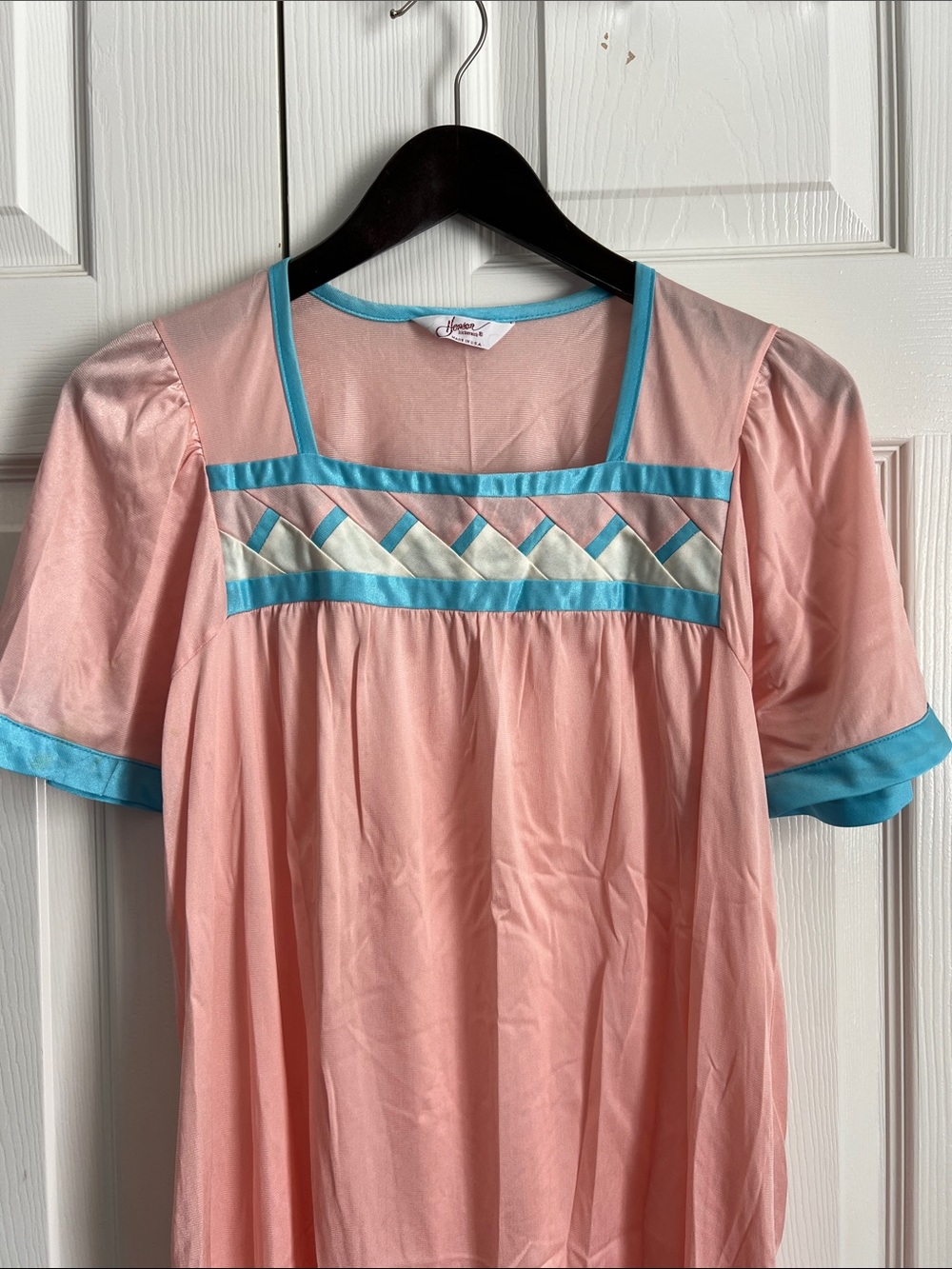 Classic Pink Nightgown with Blue Trim and Woven Accent